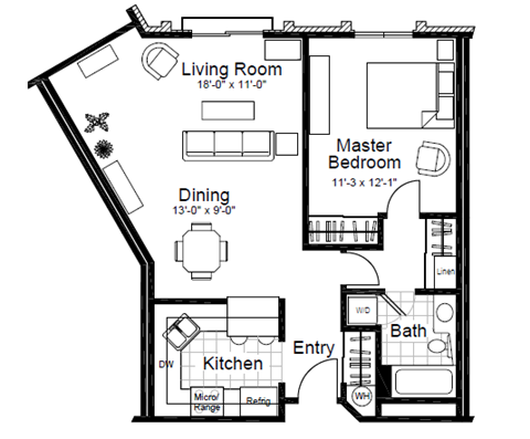 Floor plan for 1 bed, 1 bath, 805 sqft